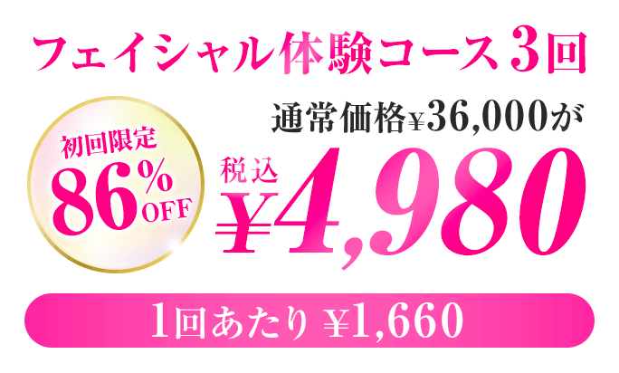 フェイシャル体験コース 3回 税込 ¥4,980